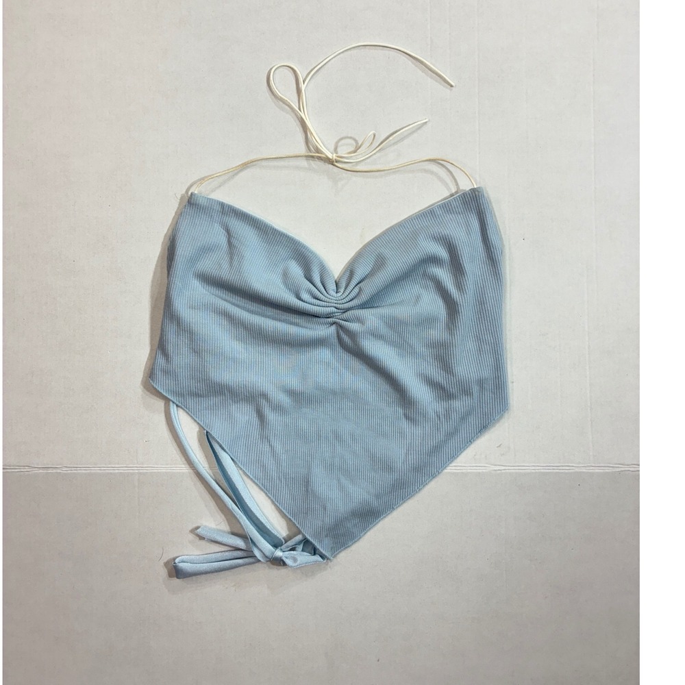 White Fox Halter Top Womens Small Light Blue Ribbed Bandana Crop Handkerchief